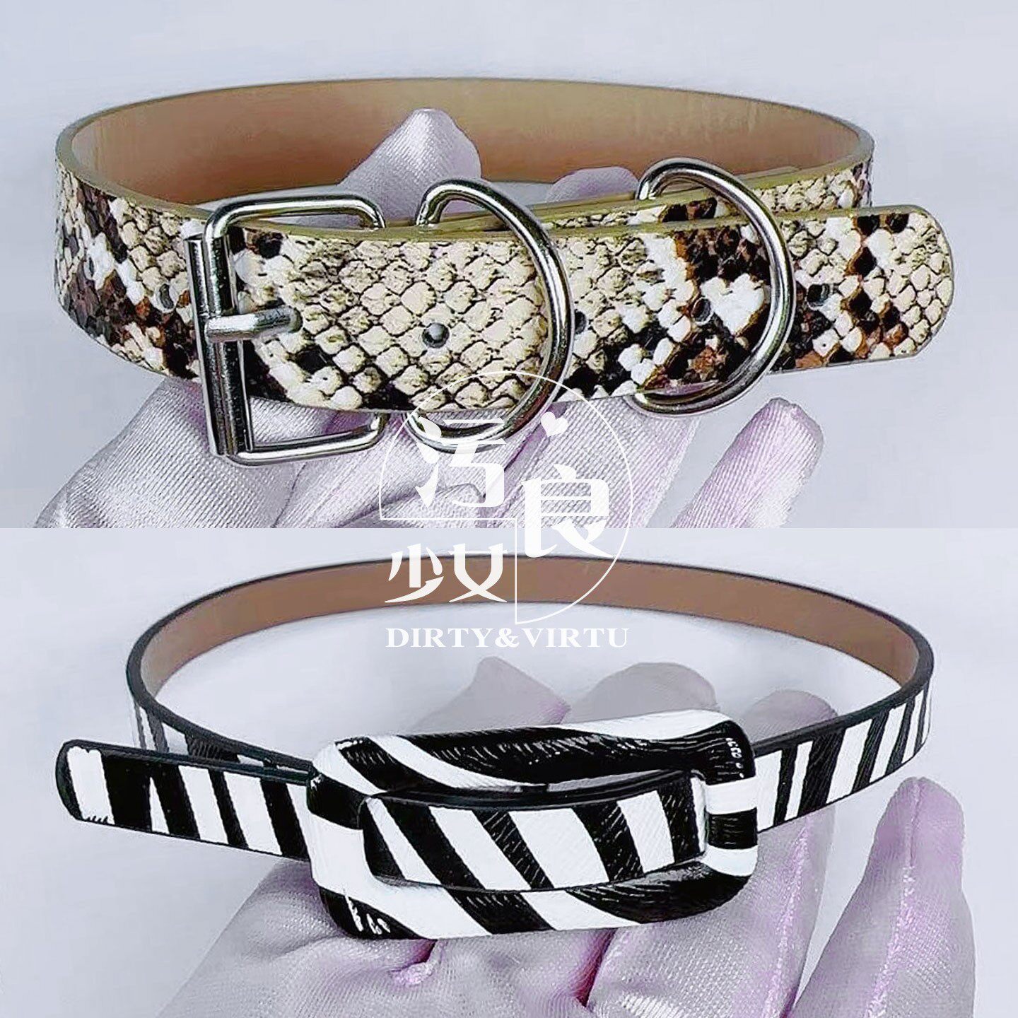 复古蛇纹花纹PU项圈皮革斑马纹细圈角色扮演COS配饰带亚文化项链