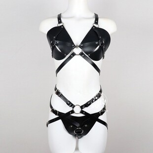 铁环皮革圆环暴露胸衣交叉露背分体制服束臀裤情趣PU三点式捆绑缚