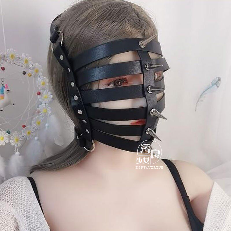 化妆舞会猫女哥特面具皮革面罩性感镂空圆环PU铆钉猫耳朵脸罩情趣