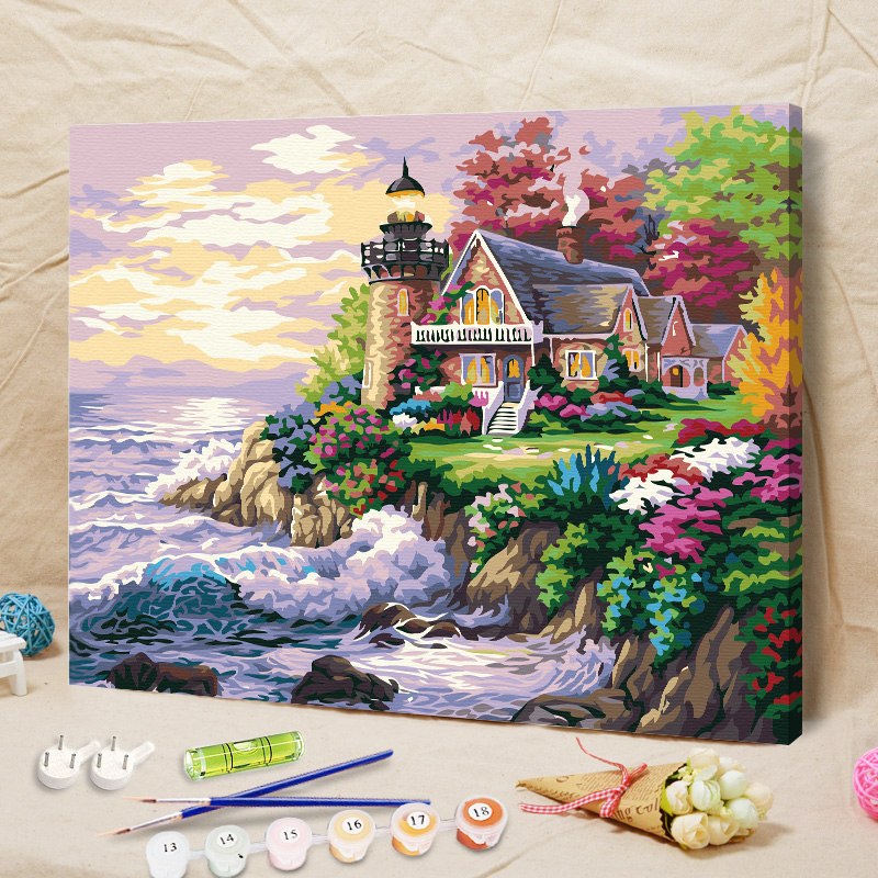 数字油画diy风景画手绘填充涂色建筑景色海边别墅挂画手工油彩画