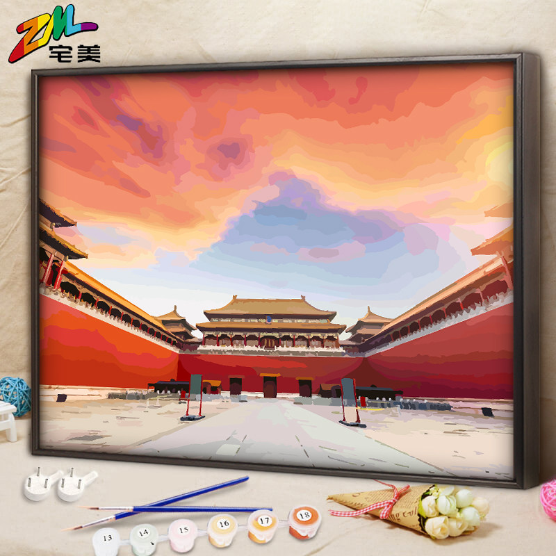 故宫diy数字油画北京旅游风景点涂色画填充手绘丙烯画上色油彩画