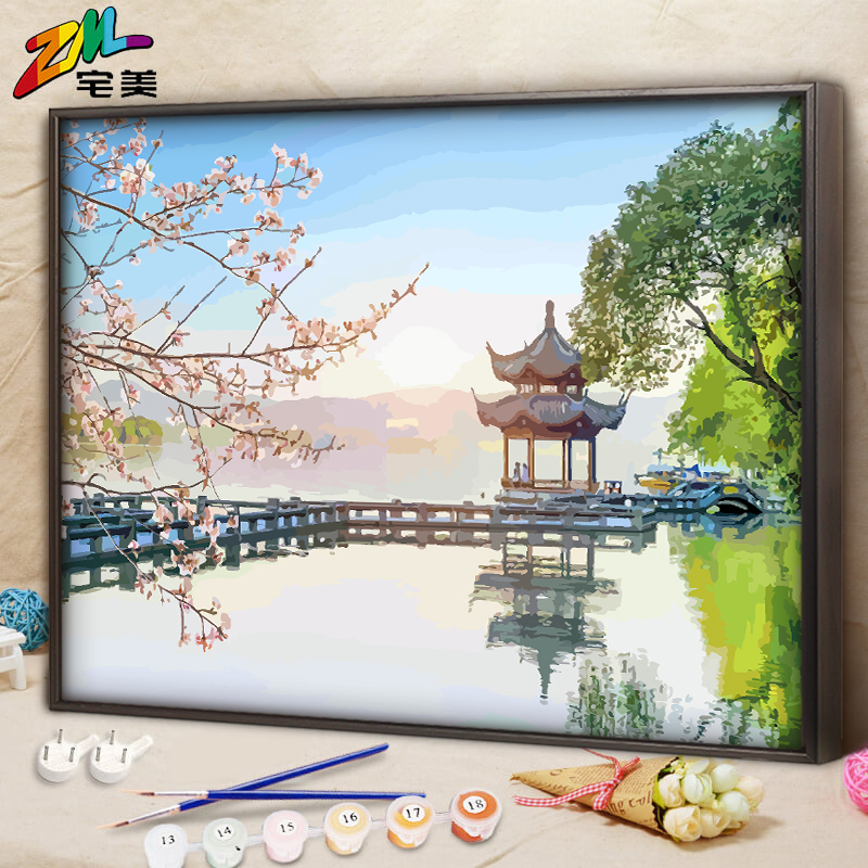 桃花亭子diy数字油画西湖景色风景画手工填充丙烯手绘填色油彩画