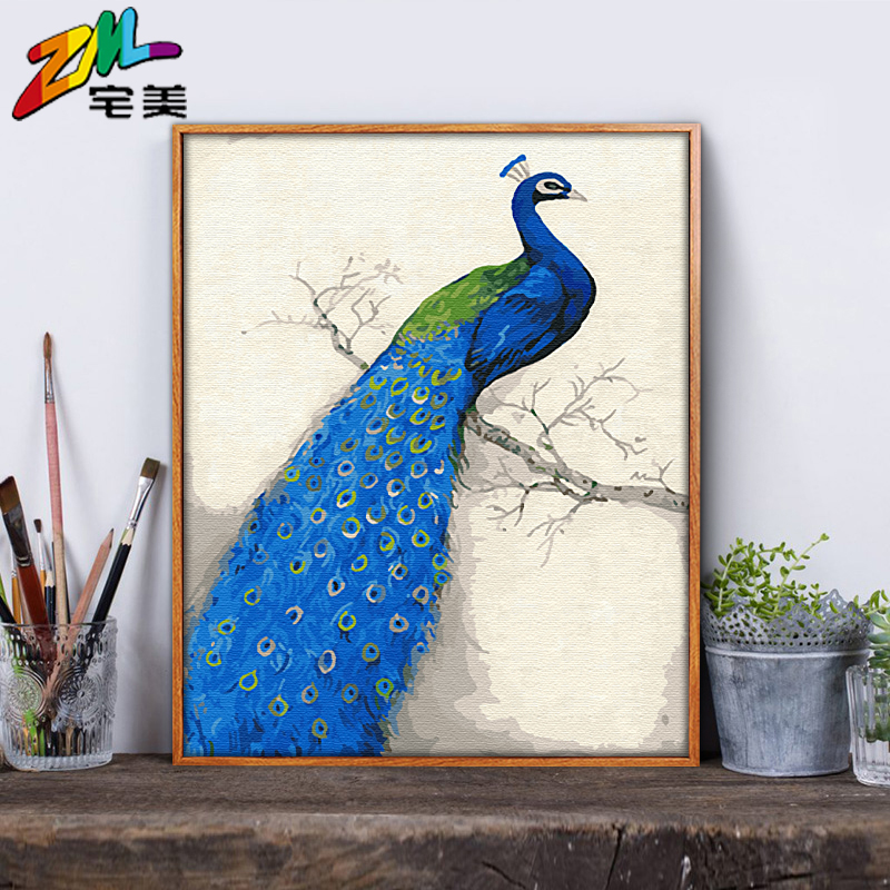宅美diy数字油画蓝色羽毛孔雀手工手绘填色简约丙烯画涂色油彩画