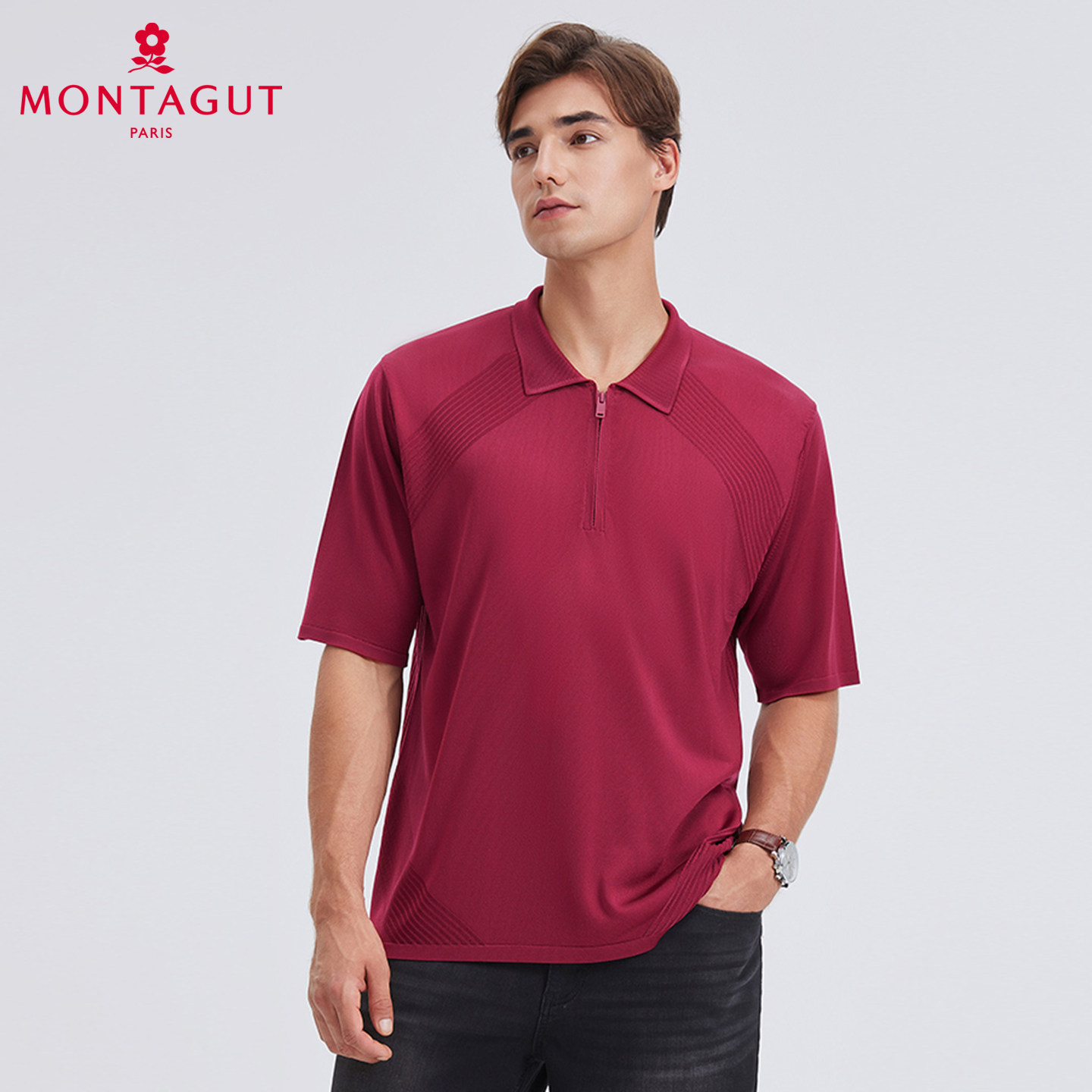 梦特娇[拉链门襟/进口亮丝]男装短袖T恤夏季薄透气冰丝提花POLO衫