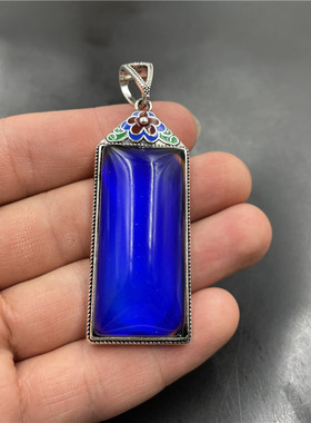 蓝色感温石平安无事牌吊坠 猫眼石方牌挂件 玉坠