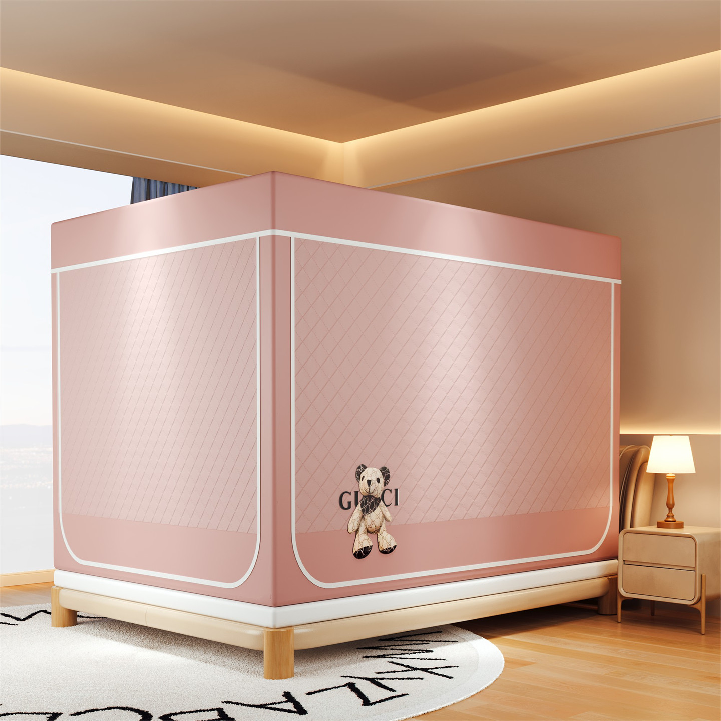 冬季家用保暖遮光一体式蚊帐夹棉床门帘可拆帐篷防尘儿童防摔寝室