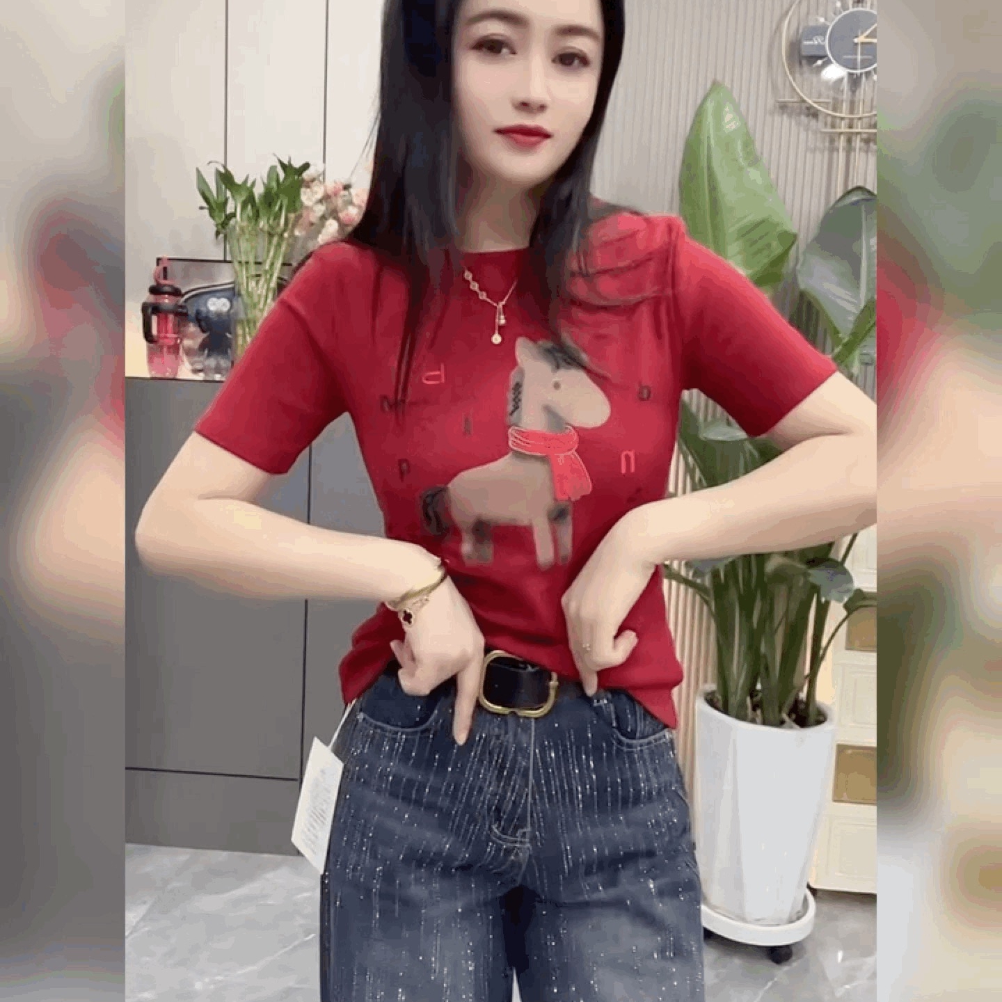 修身圆领半袖红色上衣短袖T恤