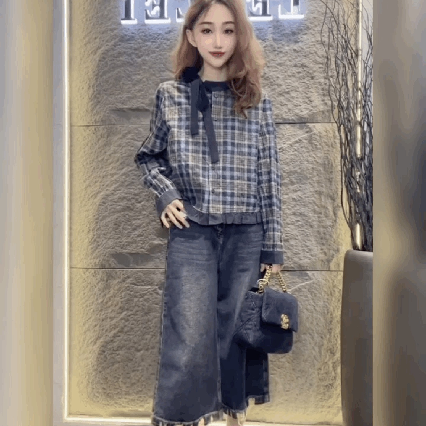 法式复古格子打底衬衫女拼木耳边系带蝴蝶结T恤时尚宽松长袖上衣