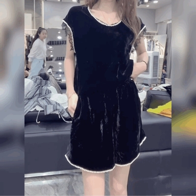 法式小香风丝绒T恤衫短裤两件套