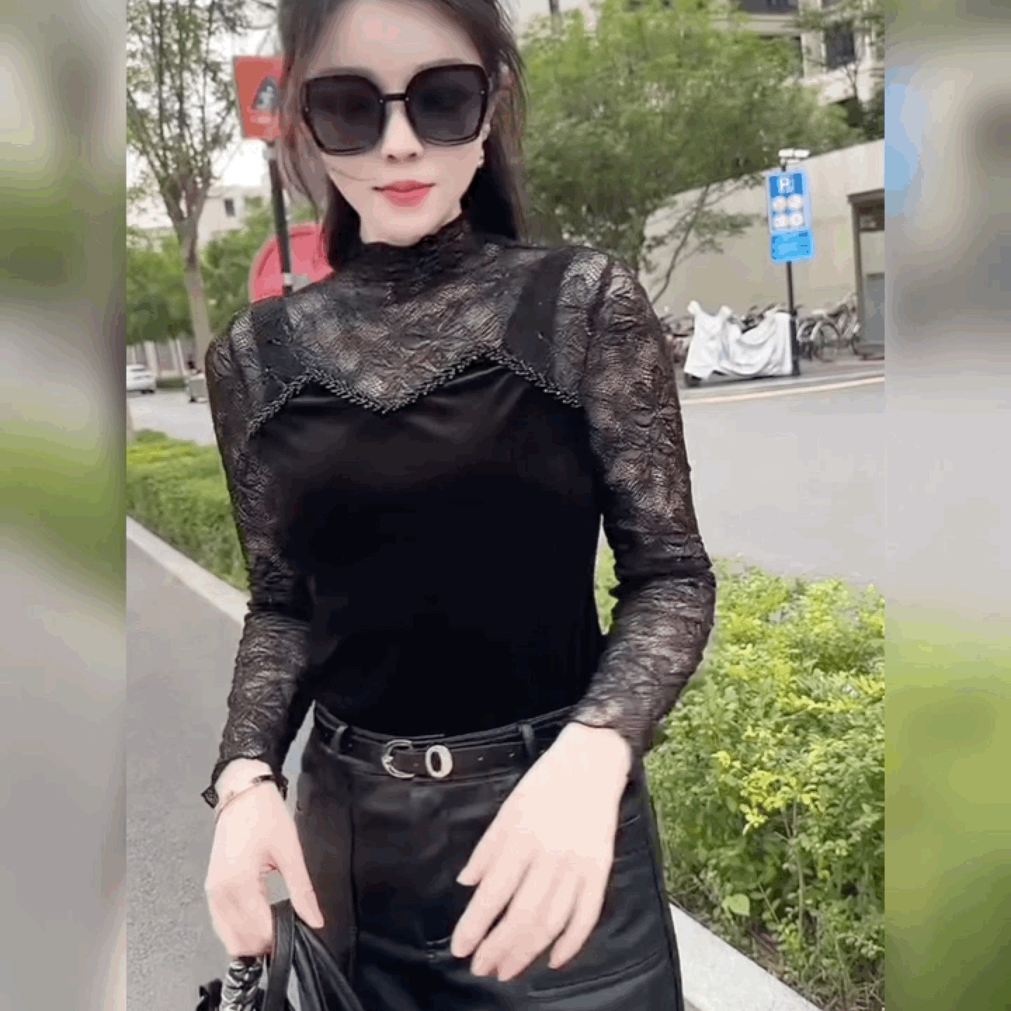 修身时尚假两件T恤钉珠长袖上衣