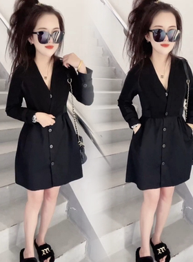 黑色V领连衣裙女22秋冬新款洋气设计感长袖假两件中长款衬衫裙女