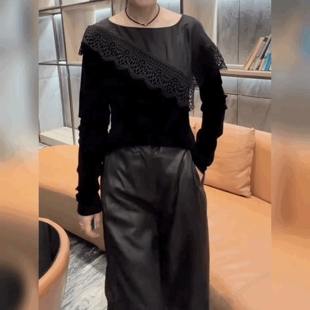 设计感雪纺拼丝绒长袖T恤女斗篷肩打底小衫时尚法式圆领黑色上衣