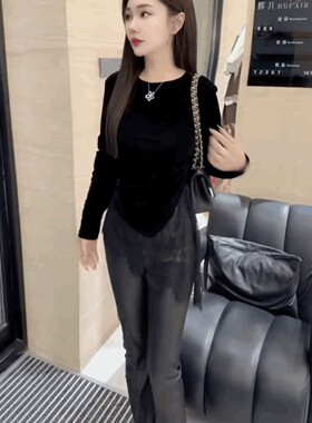 不规则蕾丝拼接丝绒中长款T恤女