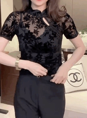 黑色蕾丝盘扣镂空T恤打底衫女短袖t恤女复古网纱植绒百搭修身上衣