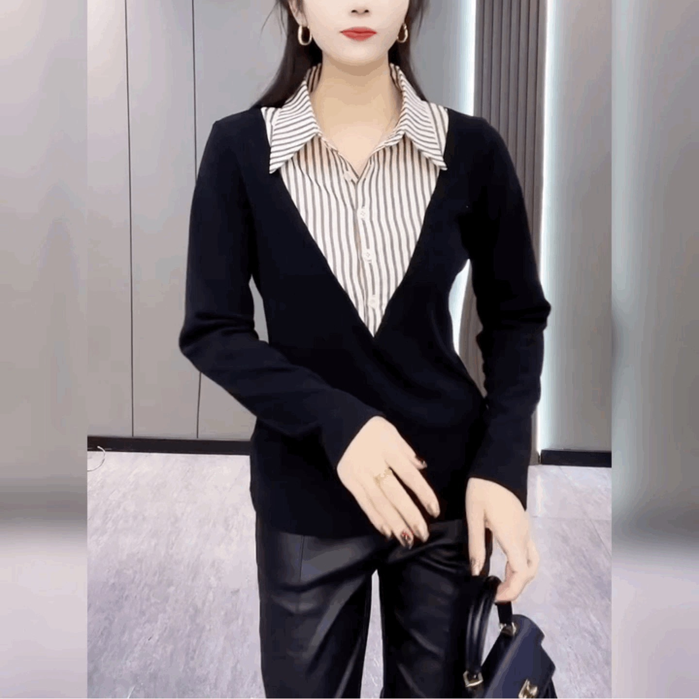 假两件条纹拼接polo领衬衫女