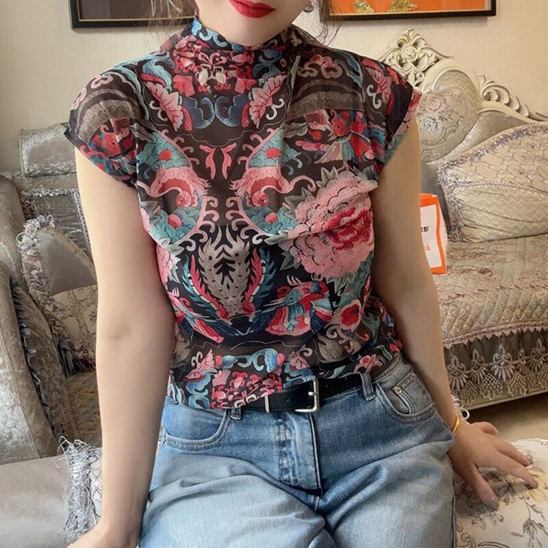 蕾丝碎花网纱短袖t恤打底衫女夏修身显瘦打底衫气质半高领上衣潮