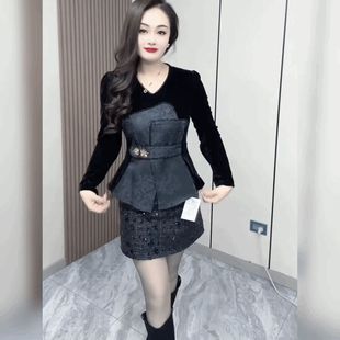 黑色收腰上串珠打底衫 复古醋酸雪纺拼接丝绒T恤衬衫 女V领轻奢法式