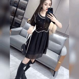 钉珠短袖圆领连衣裙女蕾丝拼荷叶边裙子法式蓬蓬公主裙网纱蛋糕裙