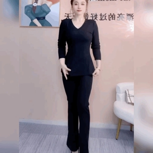 黑色气质时尚套装女修身侧开叉T恤V领中长款上衣微喇叭裤两件套女