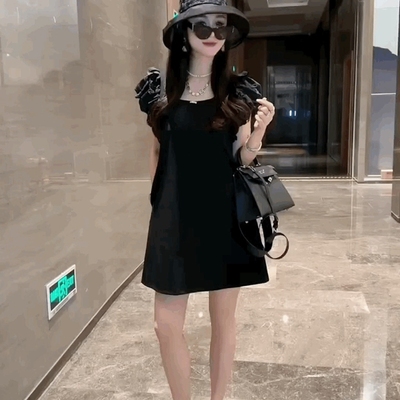 法式荷叶边泡泡袖连衣裙女