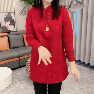 新中式气质醋酸雪纺衬衫女中长款宽松中国风遮臀上衣斜扣打底衫潮