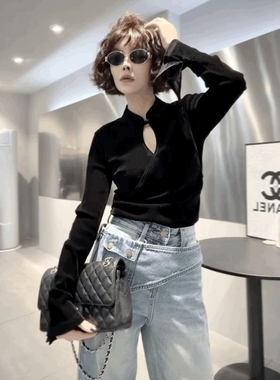 气质立领盘扣打底衫丝绒水滴领斜襟百搭T恤女新中式复古黑色上衣