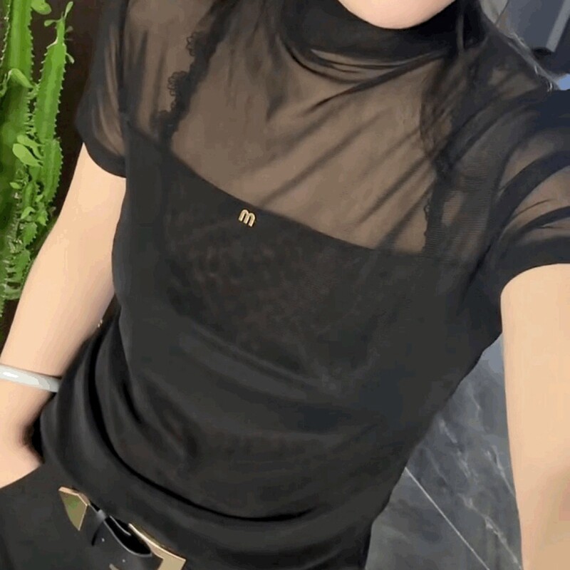 网纱蕾丝短袖T恤衫女潮