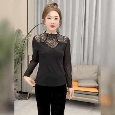 时尚串珠蕾丝弹力T恤衫女