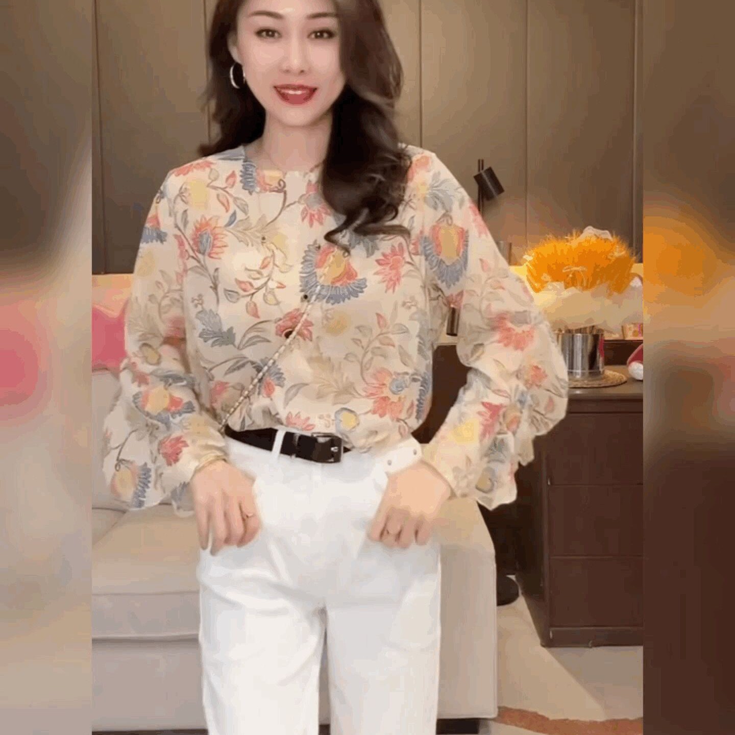 法式长袖雪纺碎花衬衫女圆领花纱防嗮衫宽松花纱空调衫荷叶边上衣