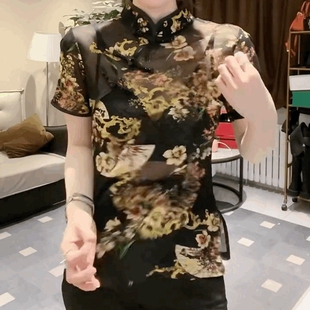 T恤女 欧货夏季 新款 网纱立领t恤国风上衣盘扣复古修身 碎花蕾丝短袖