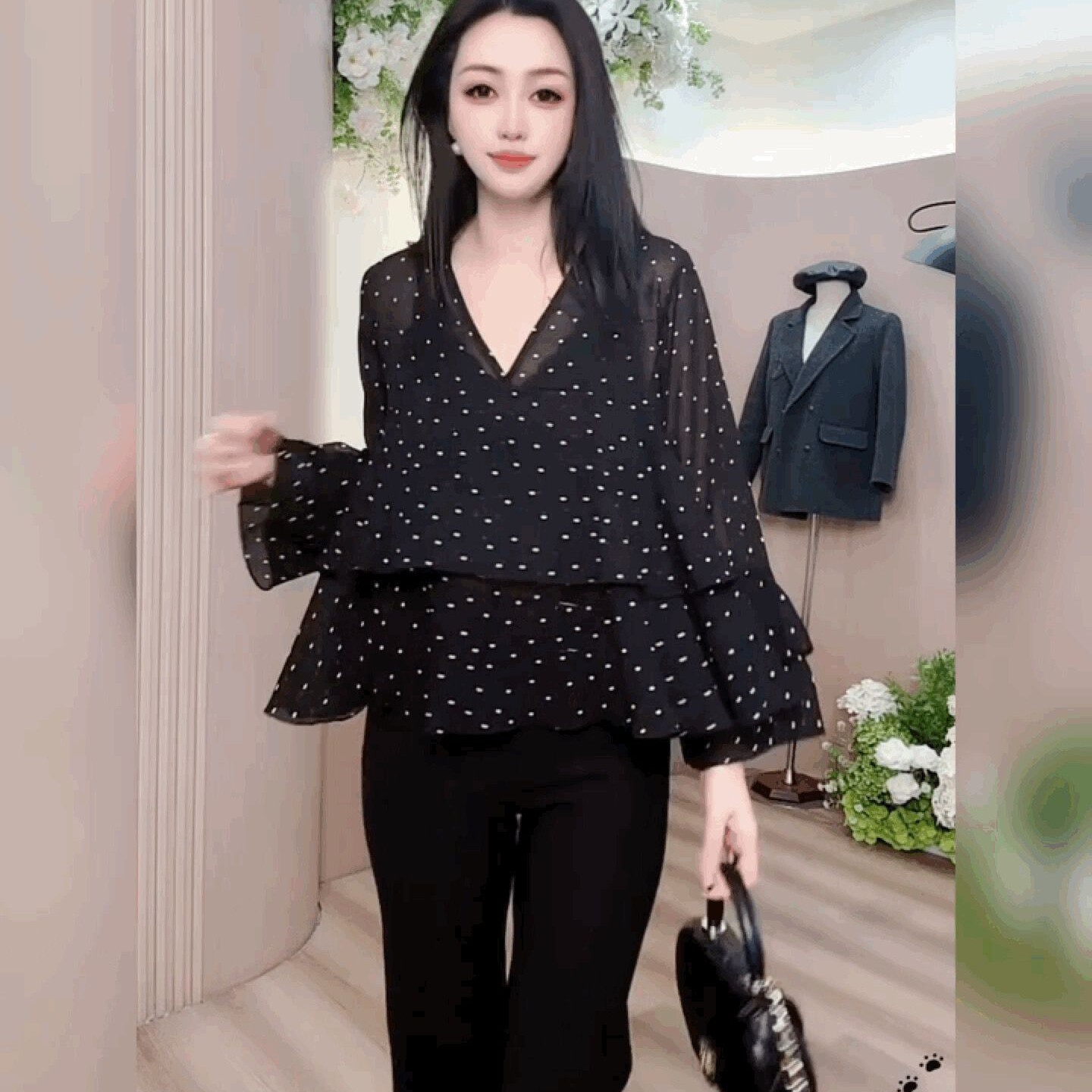 V领法式设计感宽松雪纺衬衫女图片