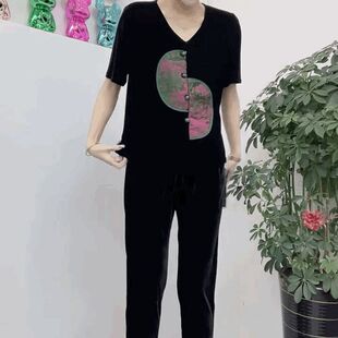 新中式金丝绒时尚小脚裤套装女复古v领中国风短袖t恤哈伦裤两件套