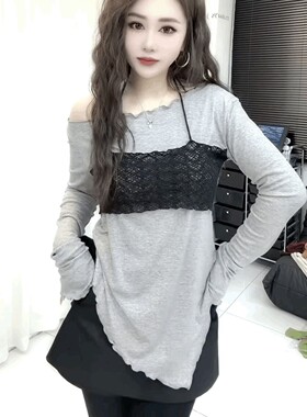 设计感蕾丝拼接长袖T恤女灰色