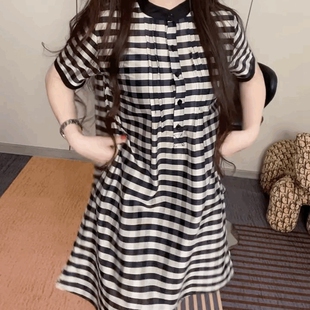 时尚黑白格子中长款短袖衬衫裙女新款法式宽松显瘦遮肉百搭连衣裙