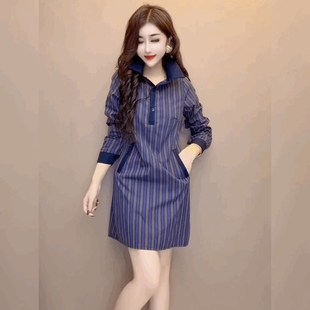 衬衫 法式 中长款 条纹长袖 裙宽松气质连衣裙女文艺范POLO领裙子 时尚