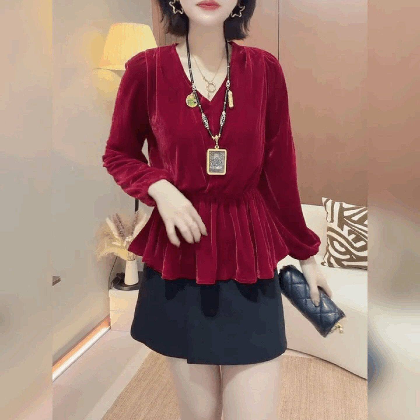 V领长袖T恤衬衫灯笼袖丝绒法式红黑色收腰上衣女高级感轻奢打底衫