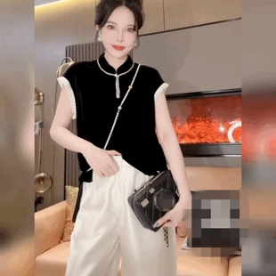 新中式 立领宫廷风上衣 复古国风黑色短袖 丝绒T恤女旗袍改良打底衫