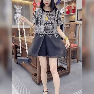 碎花雪纺网纱短袖t恤女设计感打底衫黑色中长款圆领开叉法式上衣