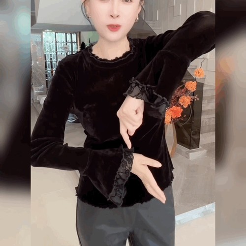 金丝绒拼接蕾丝边木耳领打底衫女