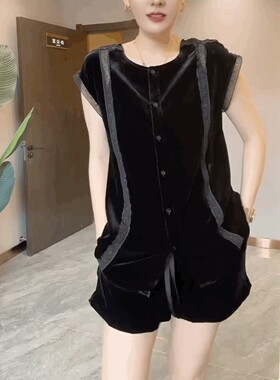 法式蕾丝镂空拼冰丝绒短袖上衣女