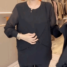 女神范宽松雪纺纱衬衫女百搭显瘦长袖打底衫中长款黑色圆领上衣潮