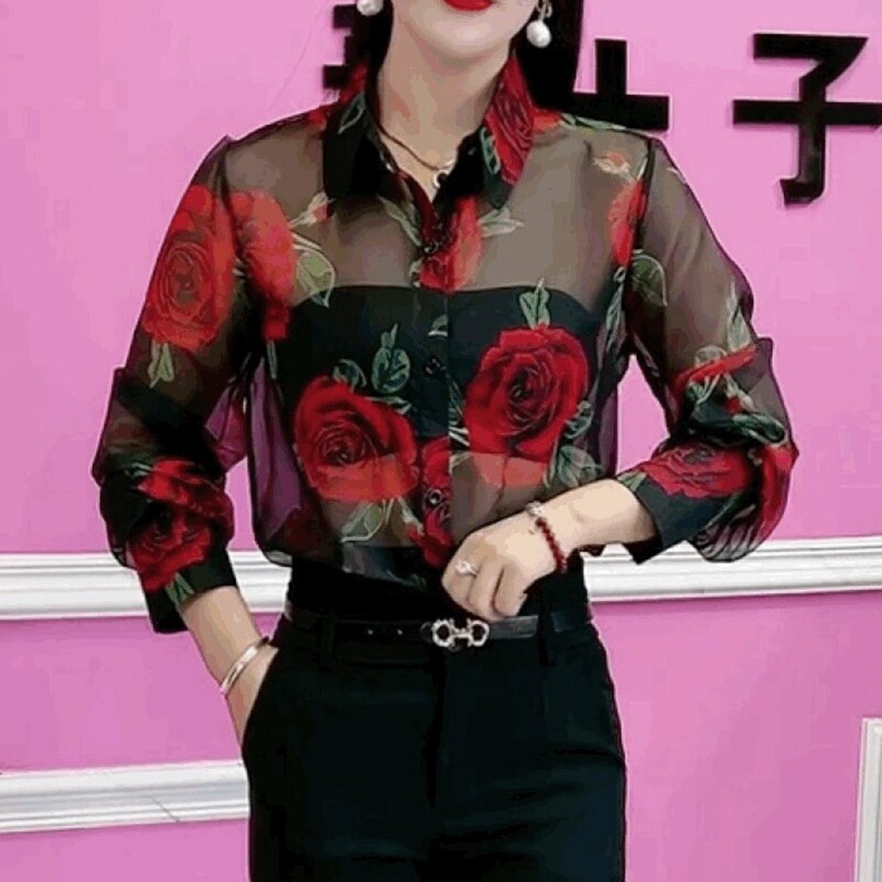高级感雪纺印玫瑰花衬衫女图片