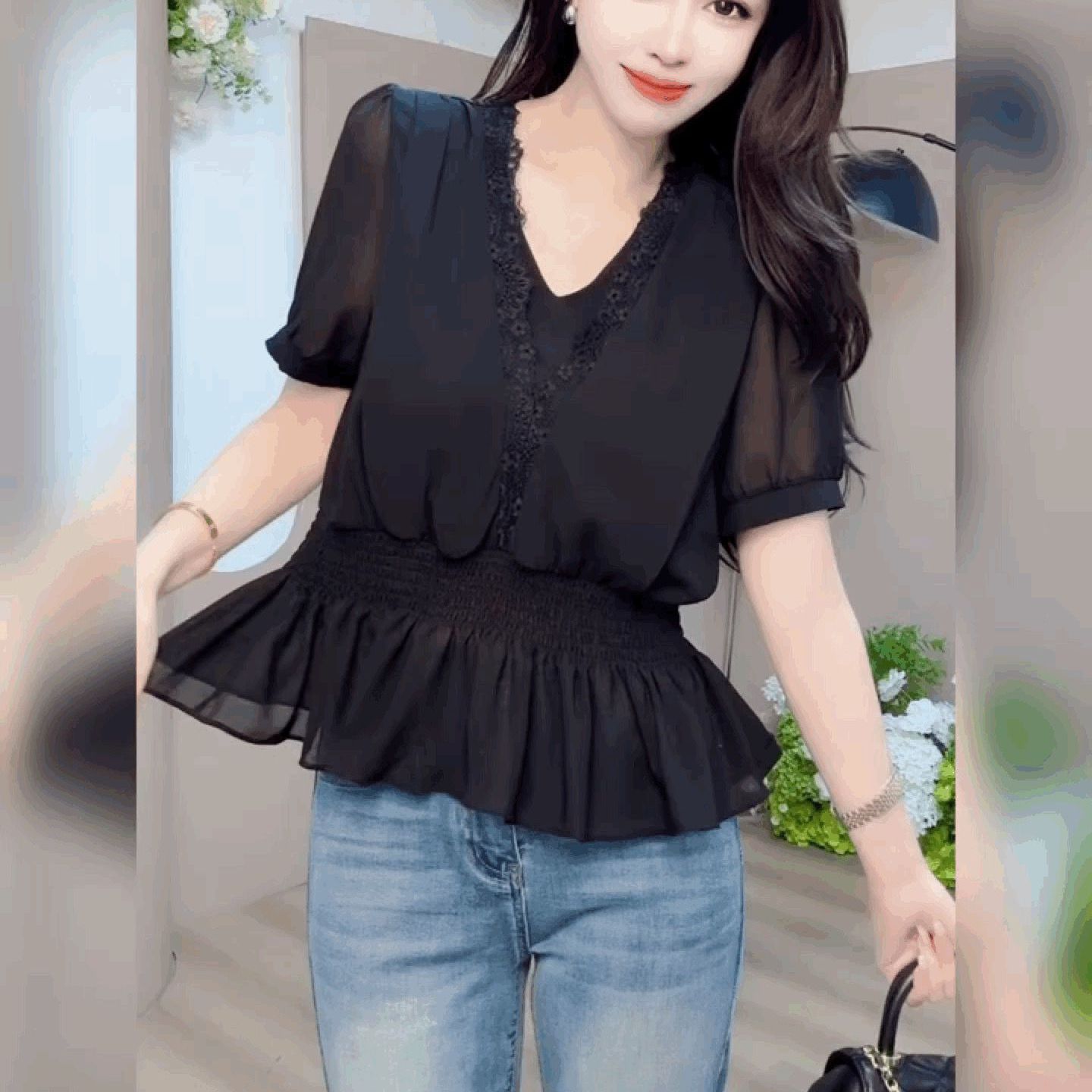 蕾丝边短袖雪纺网纱衬衫女法式黑色V领上衣收腰显瘦荷叶边打底衫
