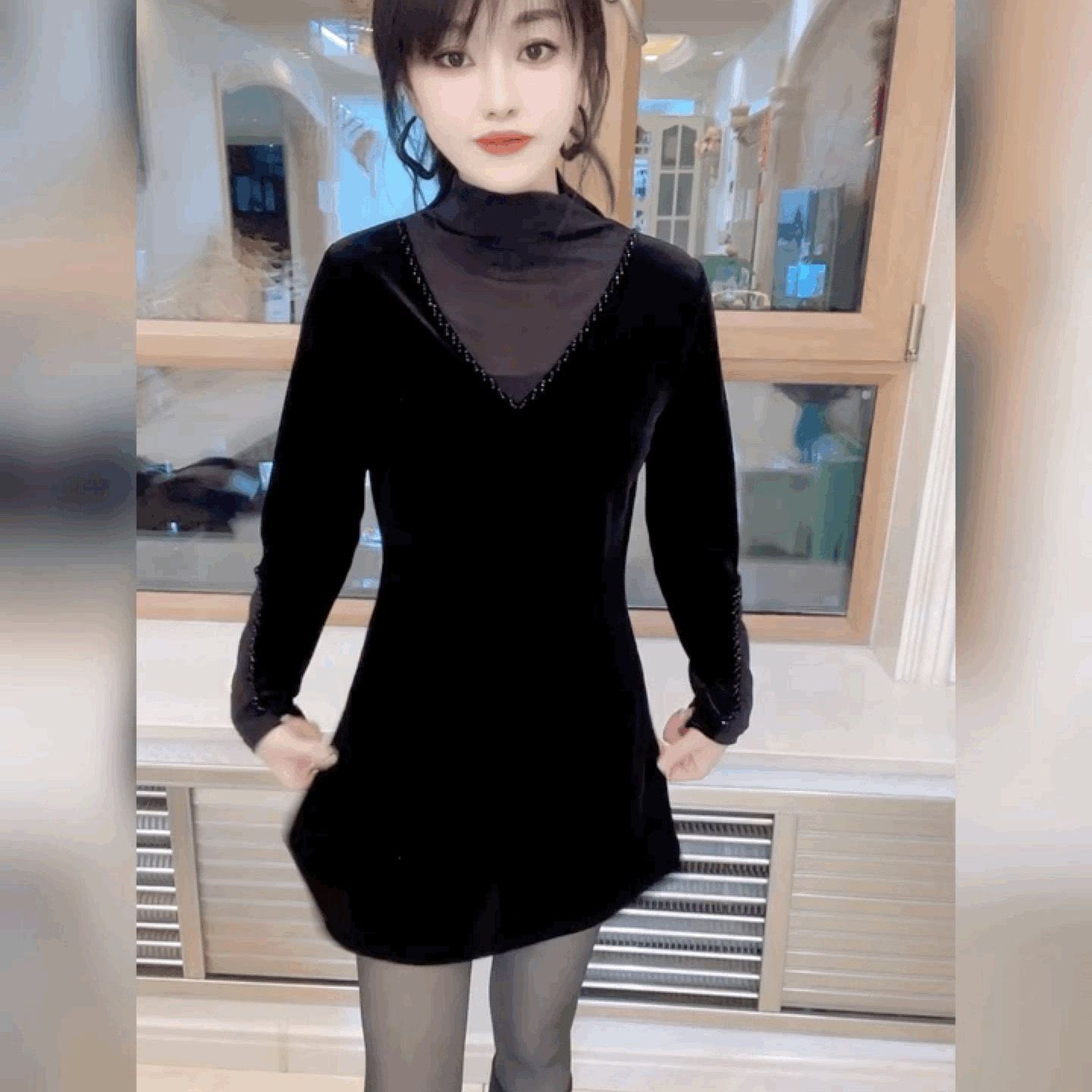 时尚网纱拼金丝绒遮臀上衣女百搭洋气钉珠半高领中长款T恤打底衫