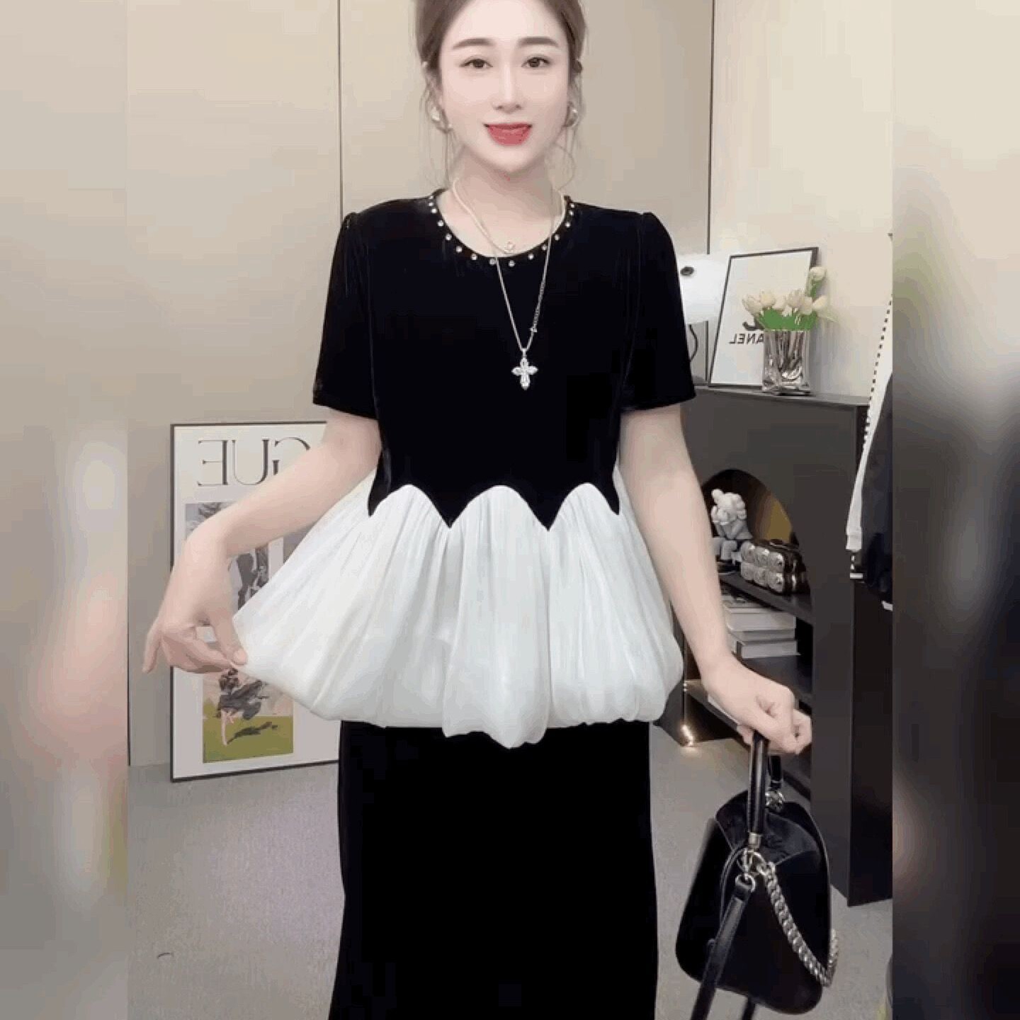 高级感轻奢短袖打底小衫法式黑色圆领上衣雪纺拼丝绒荷叶边T恤女