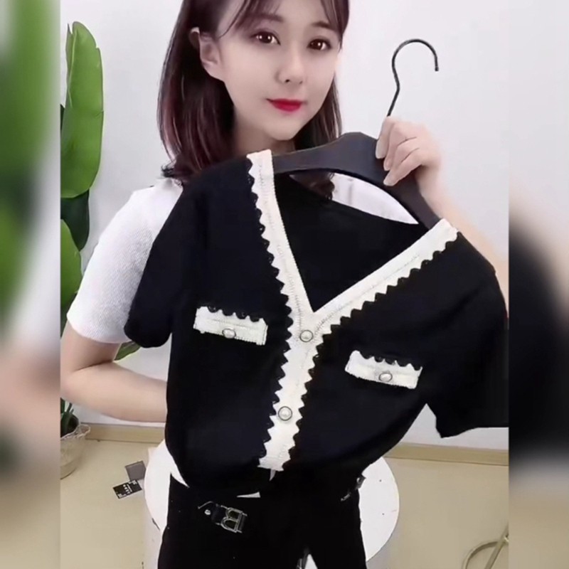 网红同款V领t恤女22夏新款小香风短袖上衣气质修身百搭T恤打底衫,女装/女士精品,T恤,淘宝优惠券,粉丝福利购,淘宝优惠卷
