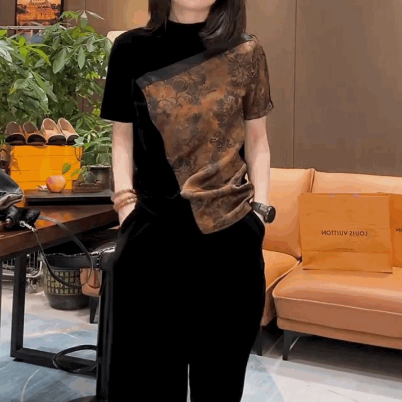 法式高级感金丝绒短袖T恤女