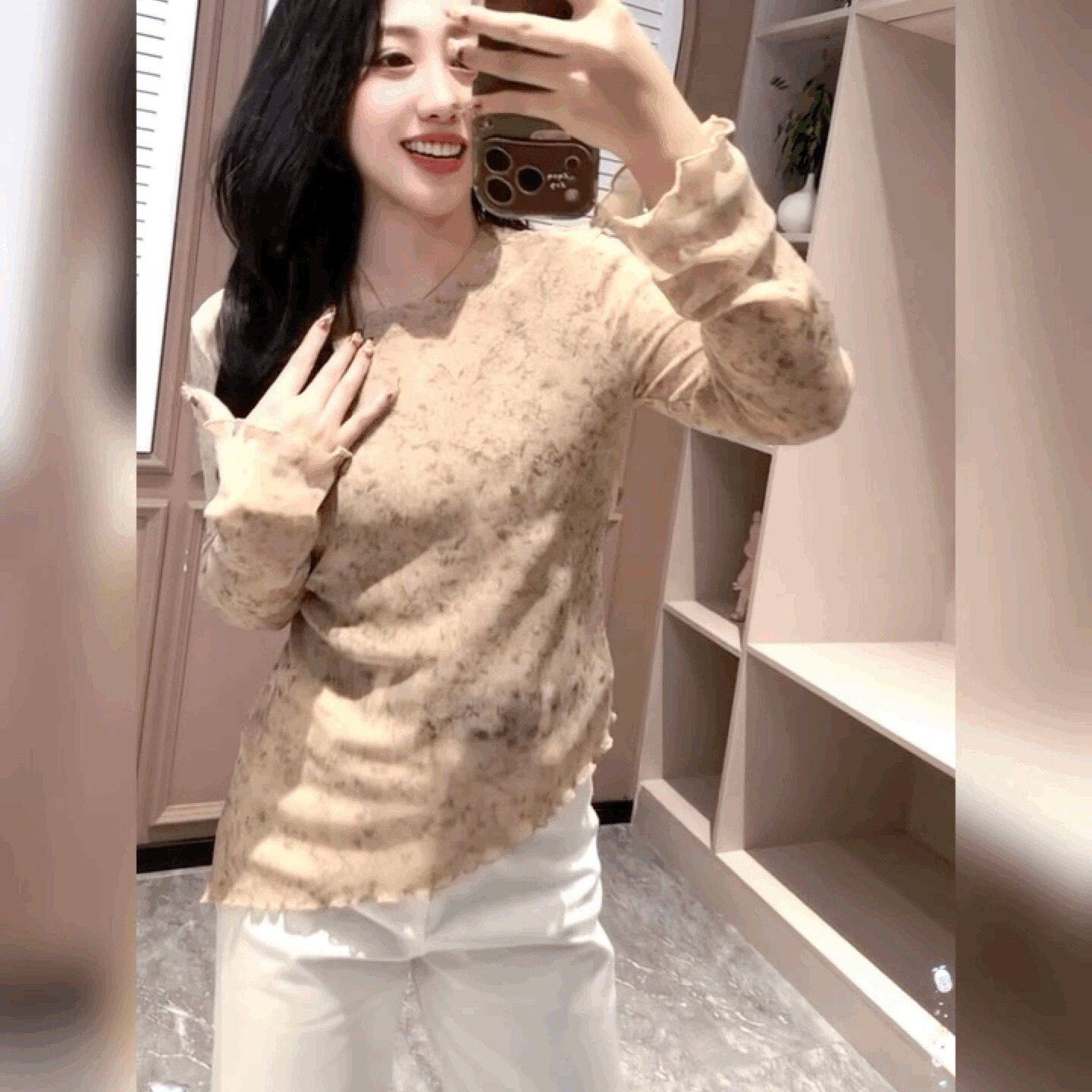 碎花设计感蕾丝T恤打底衫女弹力不规则底边小衫法式修身圆领上衣