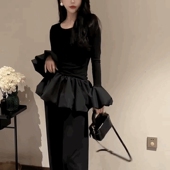 修身 法式 气质设计感荷叶边圆领黑色上衣 T恤衫 女新款 花苞袖 中长款