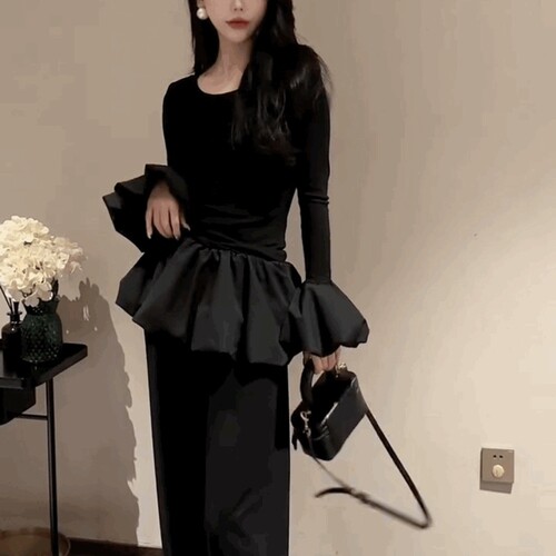 法式花苞袖中长款T恤衫女